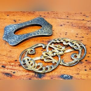2 Antique Metal Stamped Ornate Buckle Sash Clip Pair Clips Victorian Hat